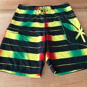 Wailoa Board Swim Shorts Men 36 Black Striped Rasta Tie Waist Zip Pocket Beach